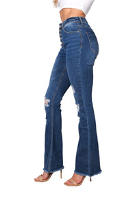 Women's High Waist Five Buttons Tattered Flare Jeans