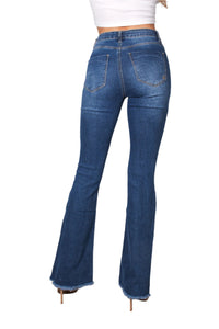 Women's High Waist Five Buttons Tattered Flare Jeans