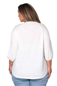 Women's Plus 3/4 Sleeve Tie Front Striped Knitted Top