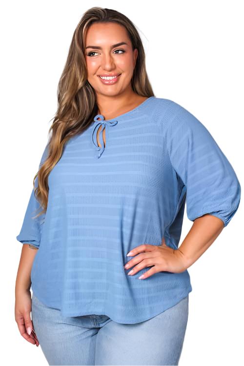 Women's Plus 3/4 Sleeve Tie Front Striped Knitted Top