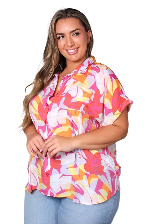 Women's Plus Short Sleeves Front Pocket Tropical Top