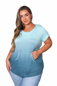 Women's Plus Short Sleeve Front Pocket Dip Dye Hoodie Top