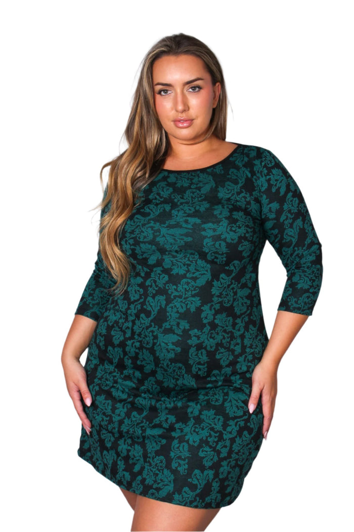 Women's Plus Long Sleeve Scoop Neck Embroidered Floral Midi Dress
