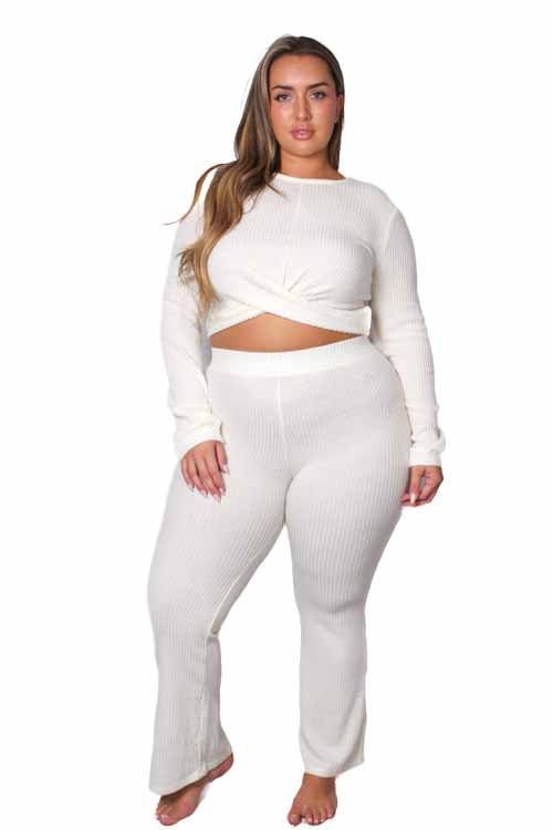 Women's Plus Front Knot Waffle Crop Top & Plus High Waist Knitted Pants Set