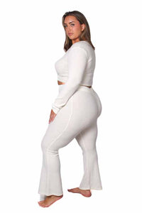 Women's Plus Front Knot Waffle Crop Top & Plus High Waist Knitted Pants Set