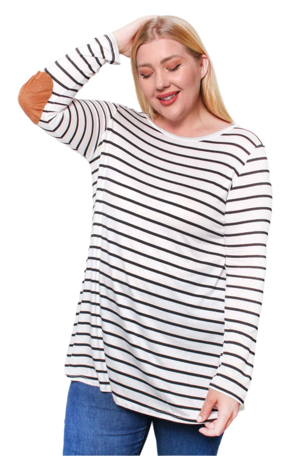 Women's Plus Long Sleeve Round Neck Striped Top
