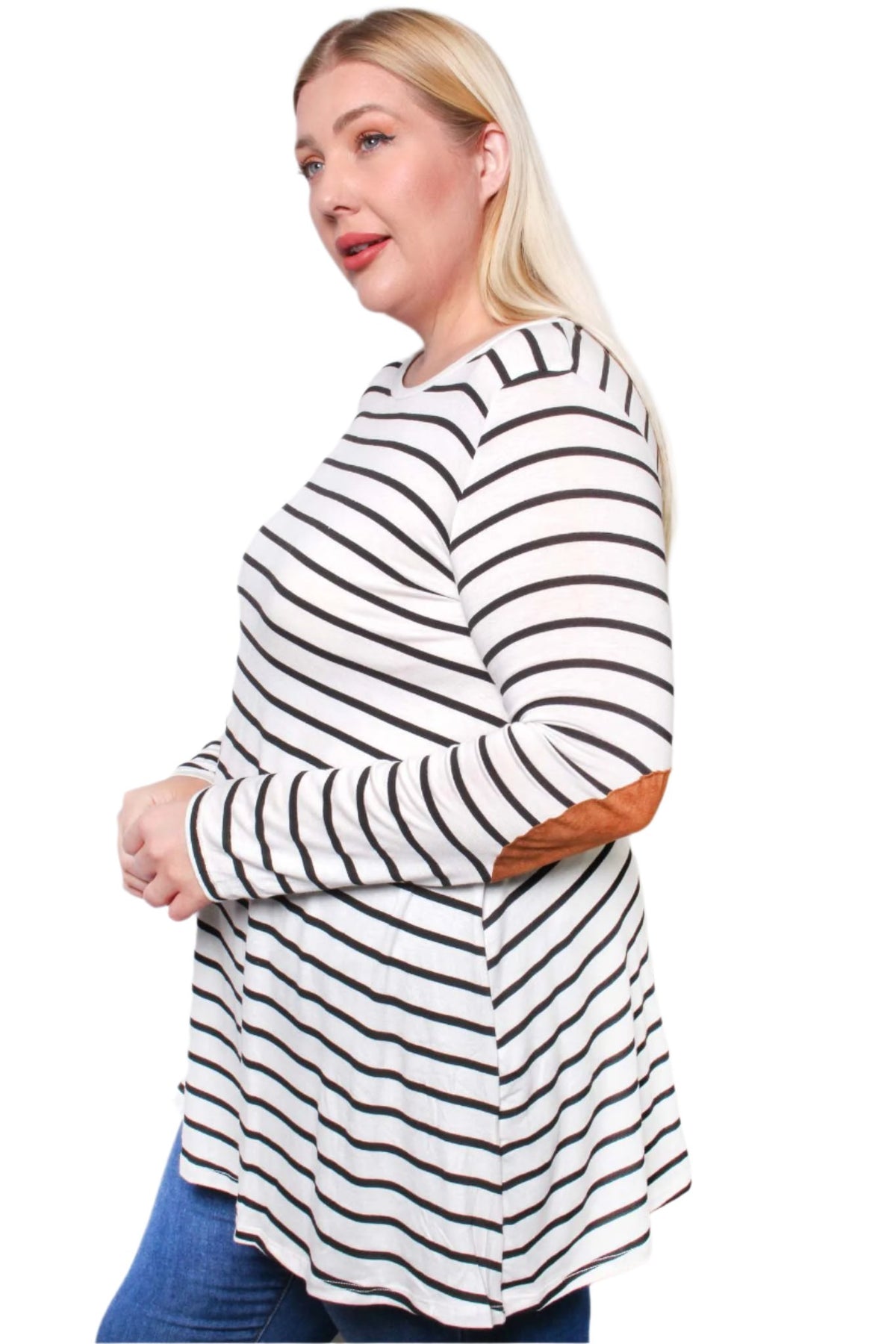 Women's Plus Long Sleeve Round Neck Striped Top