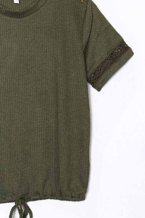 Women's Lace Short Sleeve Drawstring Hem Ribbed Top