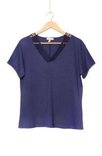 Women's Short Sleeve Lace V-Neck Ribbed Top