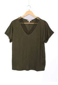 Women's Short Sleeve Lace V-Neck Ribbed Top