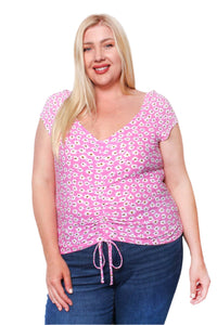Women's Plus Short Sleeve Drawstring Floral Print Top