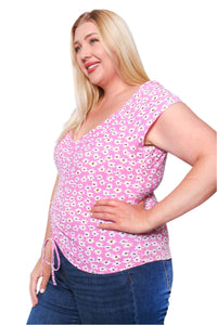 Women's Plus Short Sleeve Drawstring Floral Print Top