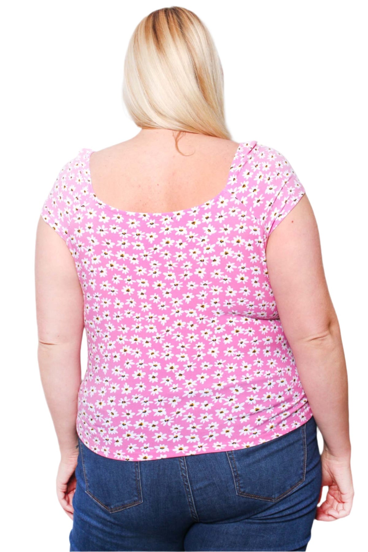 Women's Plus Short Sleeve Drawstring Floral Print Top