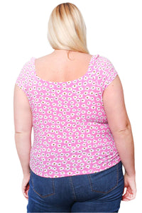 Women's Plus Short Sleeve Drawstring Floral Print Top