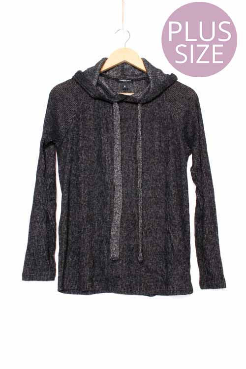 Women's Plus Long Sleeve Ribbed Hoodie Pullover Sweater