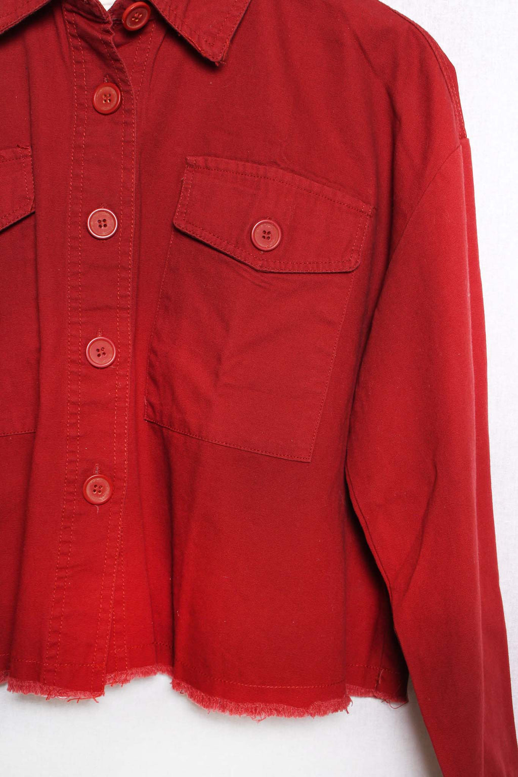 Women's Long Sleeve Pocket Front Raw Hem Button Up Jacket