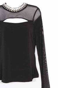 Women's Long Sleeve Mesh Cut Out Embellished Mock Neck Top
