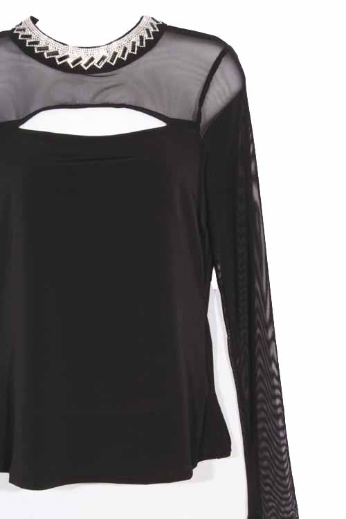 Women's Long Sleeve Mesh Cut Out Embellished Mock Neck Top