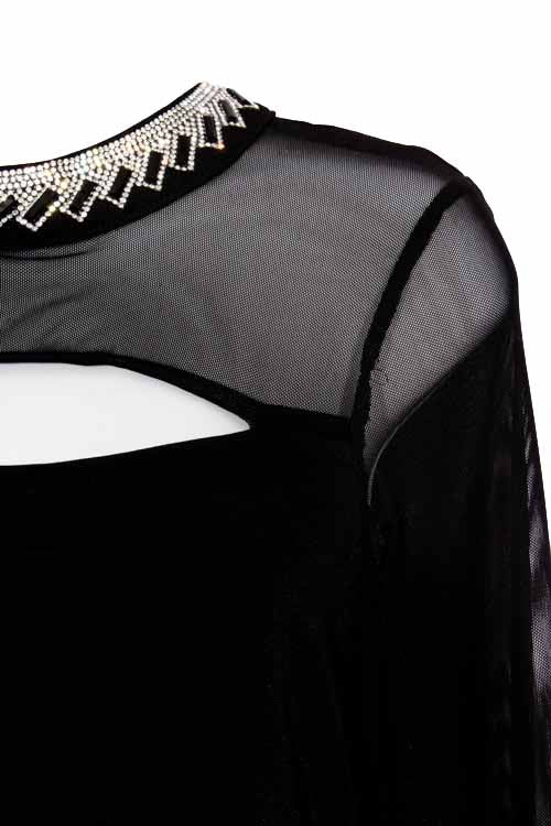 Women's Long Sleeve Mesh Cut Out Embellished Mock Neck Top