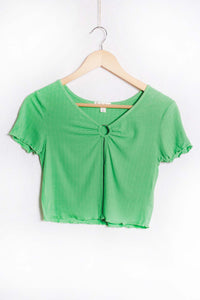 Women's Ruffle Sleeve O Ring Ribbed Crop Top
