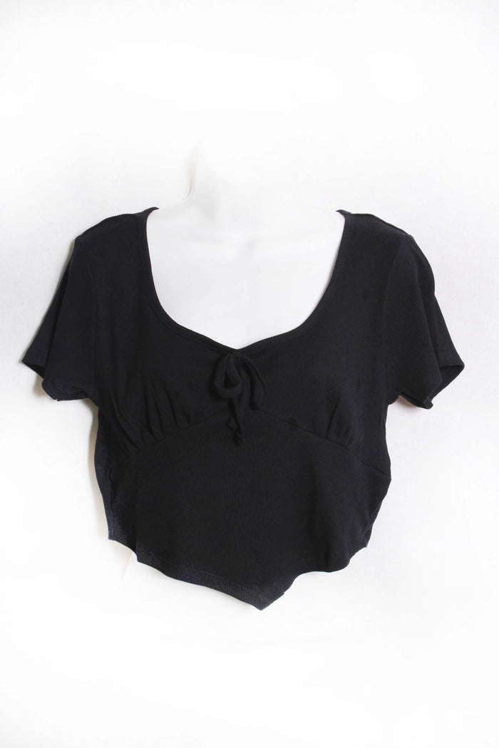 Women's Short Sleeve Square Neck Drawstring Front Ribbed Top