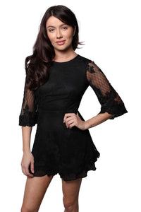 Women's Long Sleeve Round Neck Floral Embroidered Mini Dress