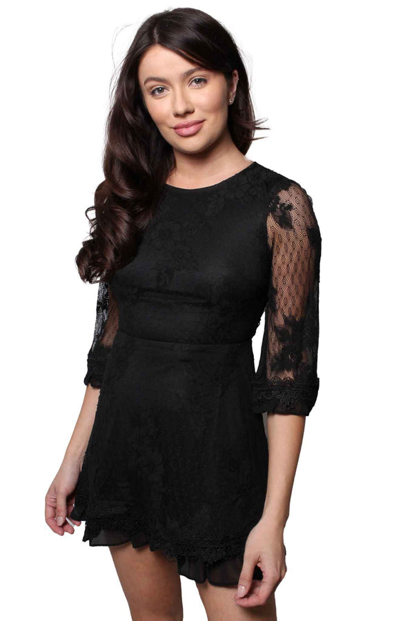 Women's Long Sleeve Round Neck Floral Embroidered Mini Dress