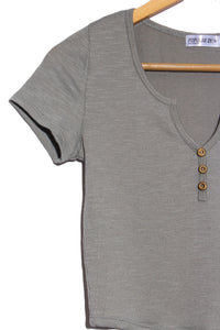 Women's Short Sleeve Split Neck Henley Ribbed Top