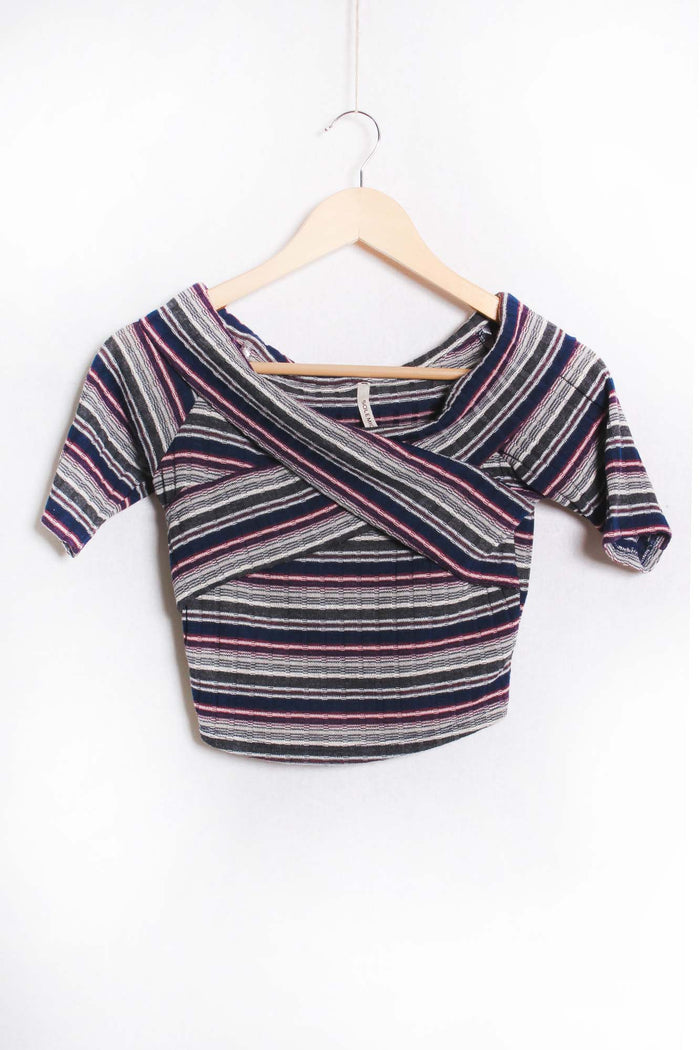 Women's Short Sleeve Criss Cross Stripe Ribbed Top