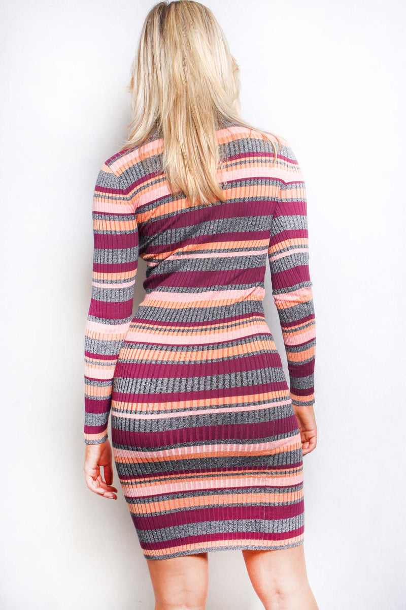 Women's Long Sleeve Mock Neck Sweater Knitted Midi Dress