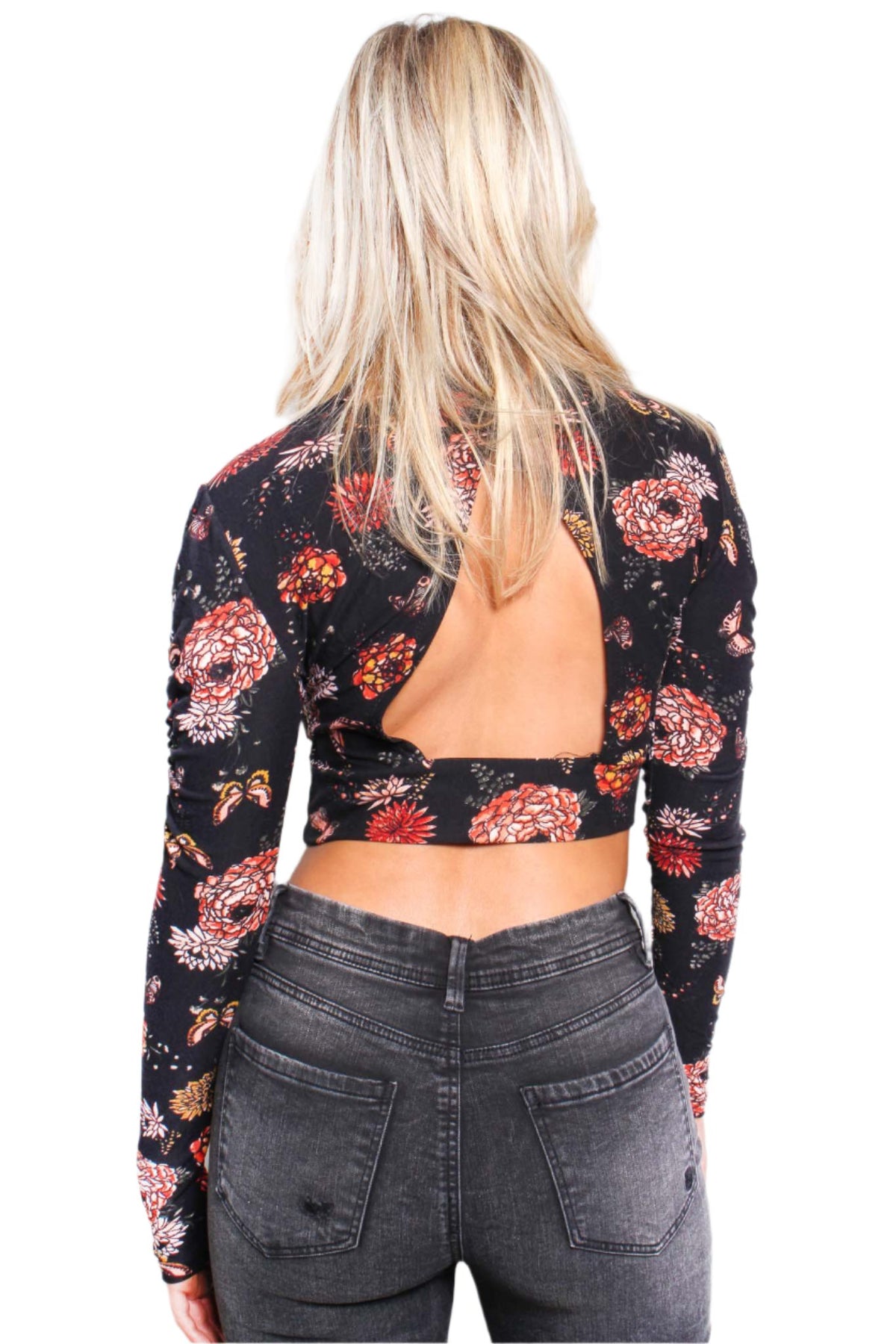 Women's Long Sleeves Mock Neck Printed Crop Top