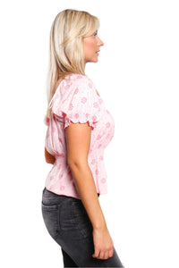 Women's Puff Sleeve Scoop Neck Ruffle Floral Print Top