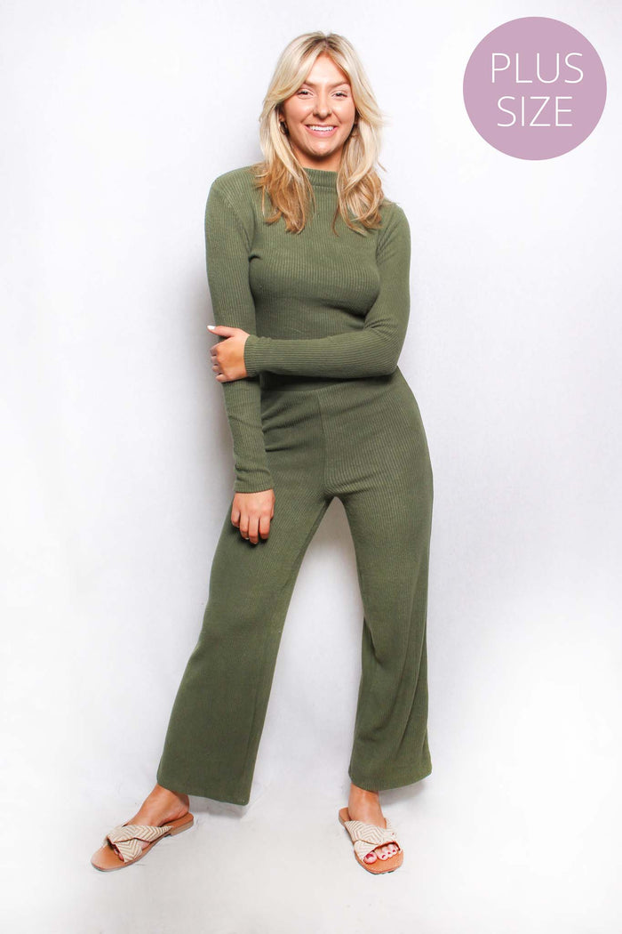 Women's Plus Long Sleeves Tie Back Rib Top & Flared Pants Loungewear Set