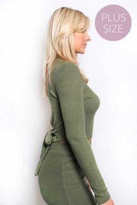 Women's Plus Long Sleeves Mock Neck Tie Back Rib Top