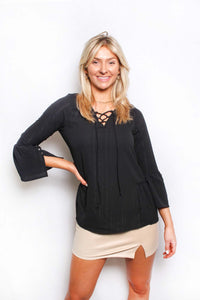 Women's Ruffle Long Sleeve V Neck Drawstring Ribbed Top