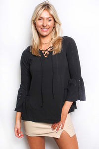 Women's Ruffle Long Sleeve V Neck Drawstring Ribbed Top