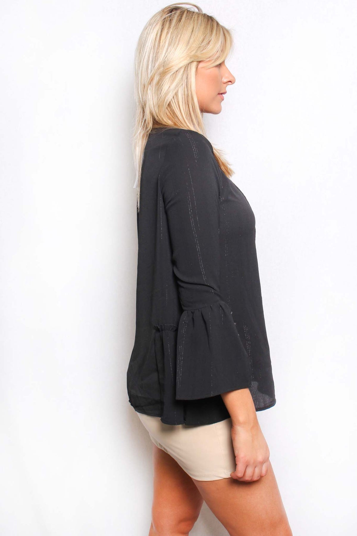 Women's Ruffle Long Sleeve V Neck Drawstring Ribbed Top