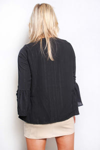 Women's Ruffle Long Sleeve V Neck Drawstring Ribbed Top