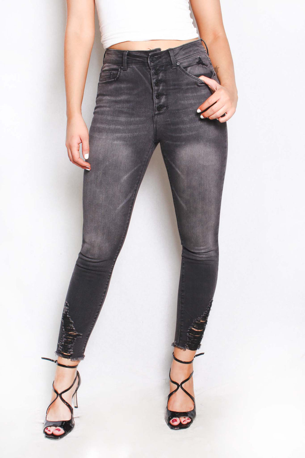 Women's High Waist Distressed Hem Skinny Jeans