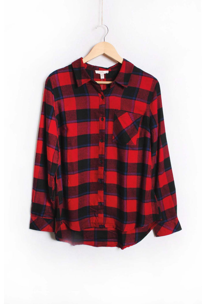 Women's Long Sleeve One Pocket Plaid Top