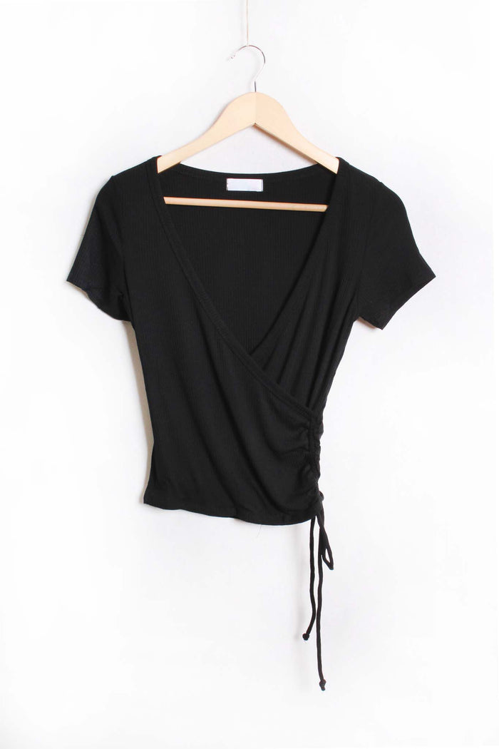 Women's Short Sleeve V Neck Drawstring Side Ribbed Top