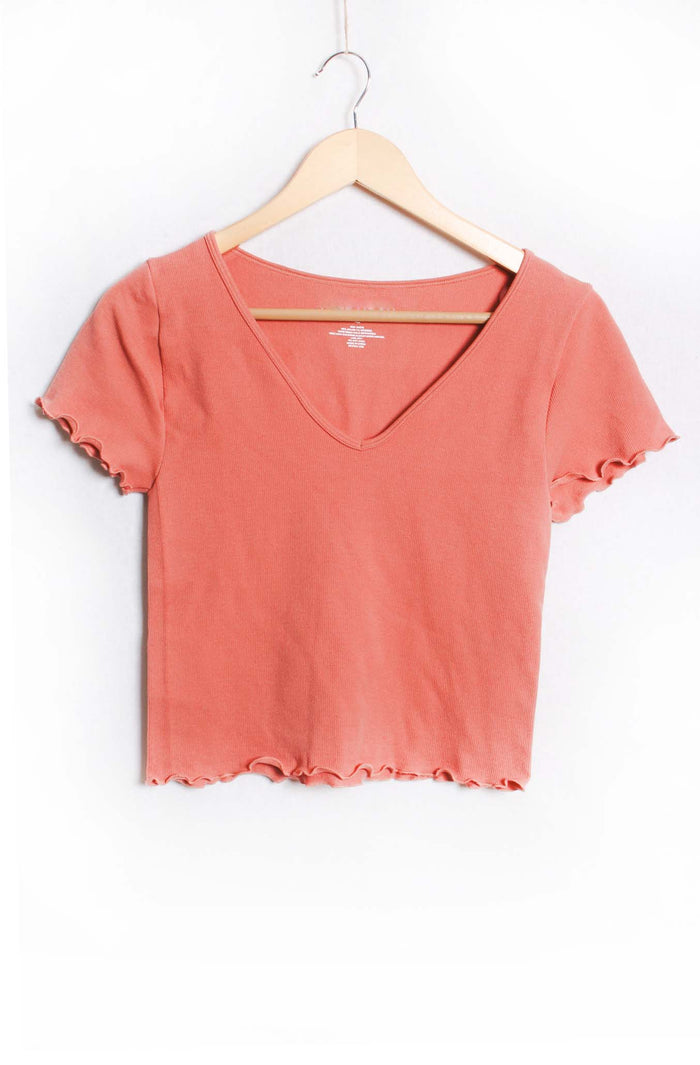 Women's Short Sleeve V Neck Ruffle Trim Top