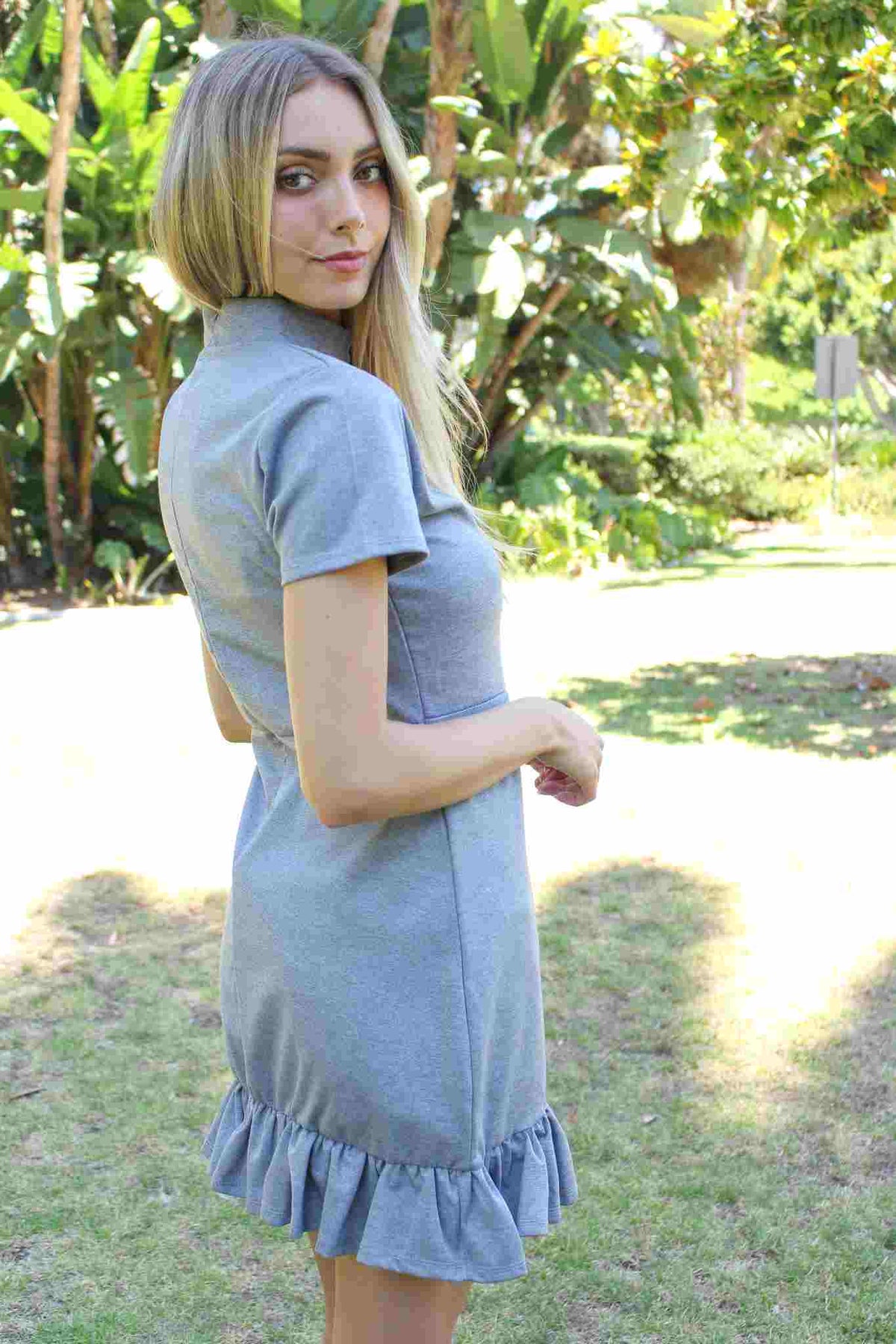 Women's Short Sleeve Semi Turtle Neck Dress with Ruffles