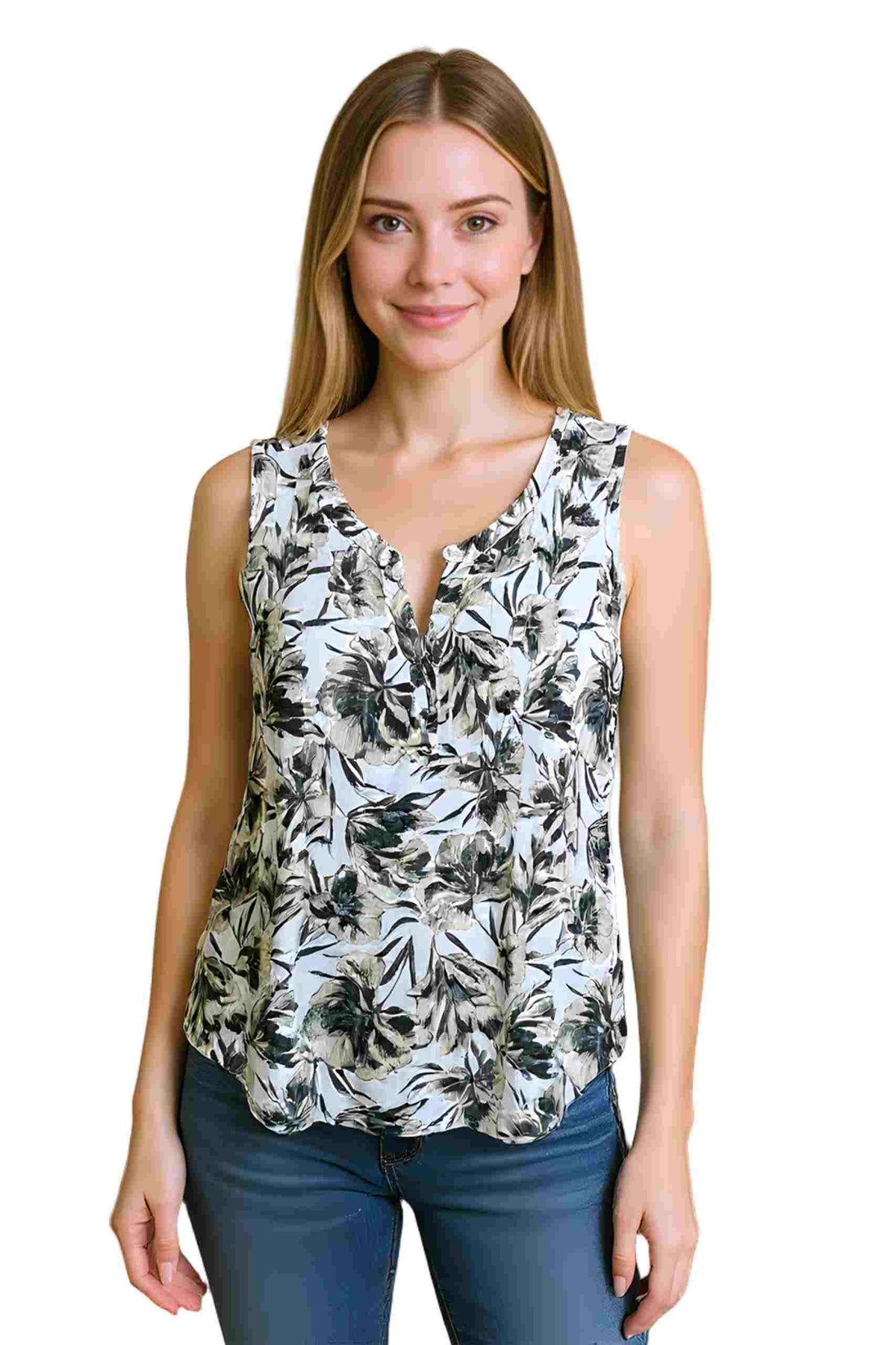Women's Sleeveless Split Neck Textured Floral Top