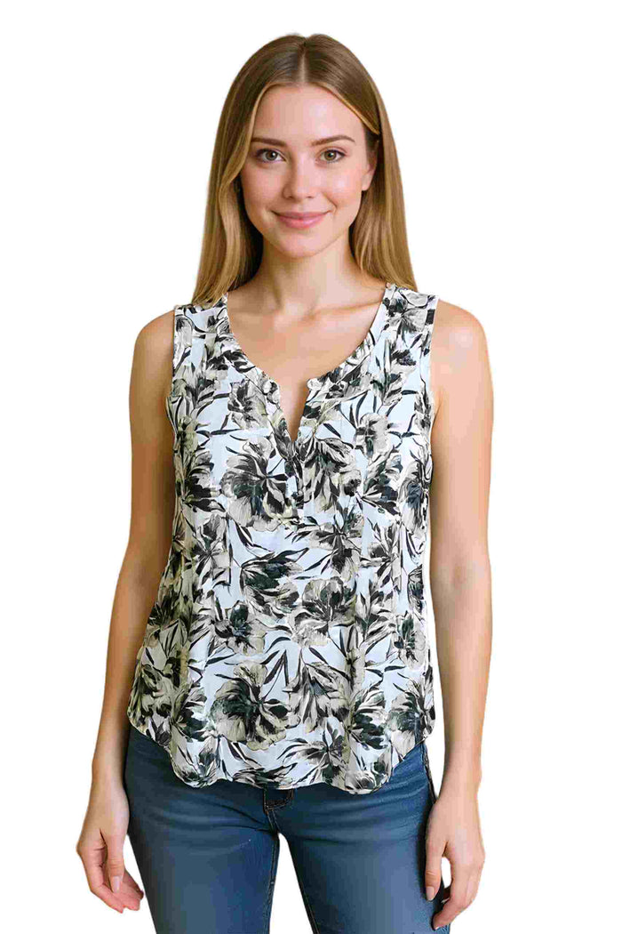 Women's Sleeveless Split Neck Textured Floral Top