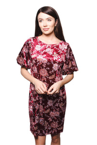 Women's Short Sleeve Crushed Velvet Floral Print Tunic Dress