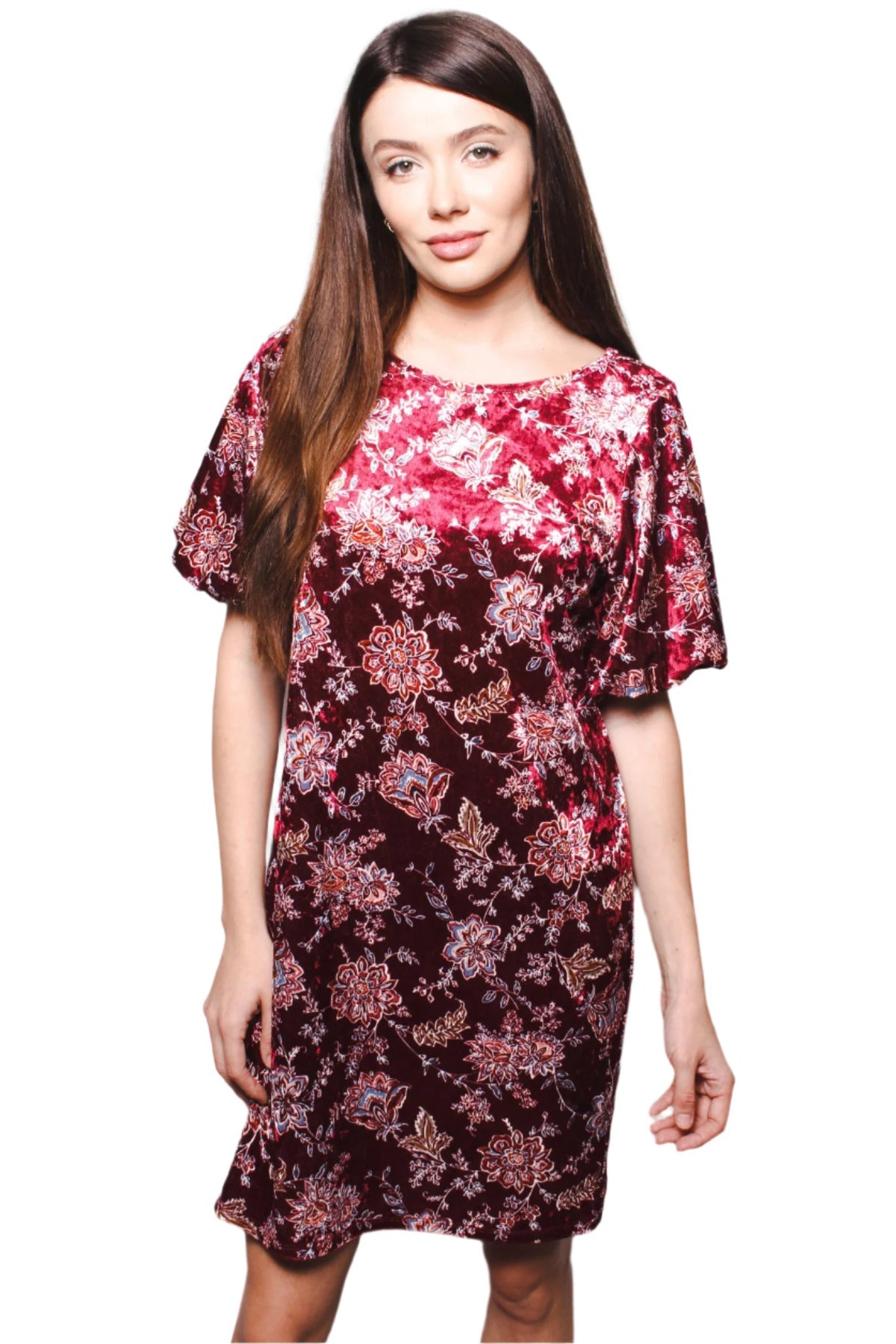 Women's Short Sleeve Crushed Velvet Floral Print Tunic Dress