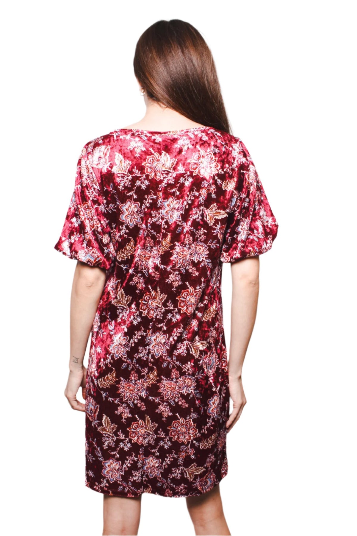 Women's Short Sleeve Crushed Velvet Floral Print Tunic Dress
