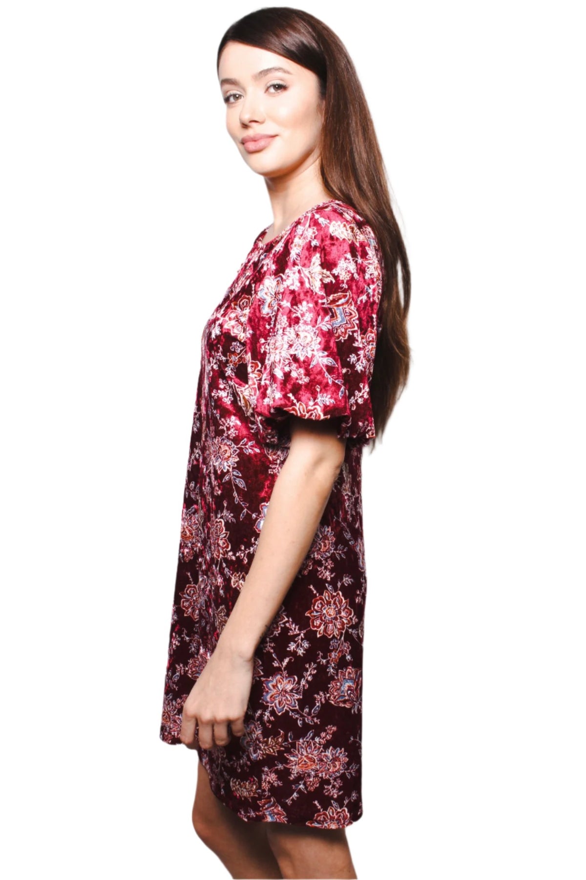 Women's Short Sleeve Crushed Velvet Floral Print Tunic Dress