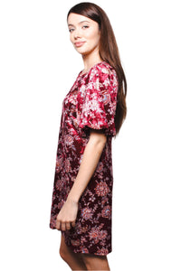 Women's Short Sleeve Crushed Velvet Floral Print Tunic Dress
